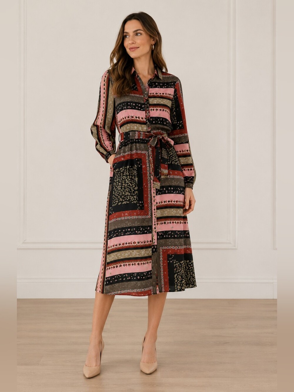 Vero Moda Printed Belted Shirt Dress – Long Sleeve Boho Style, Like New